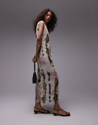 Topshop sleeveless relaxed crinkle midi dress in abstract art print