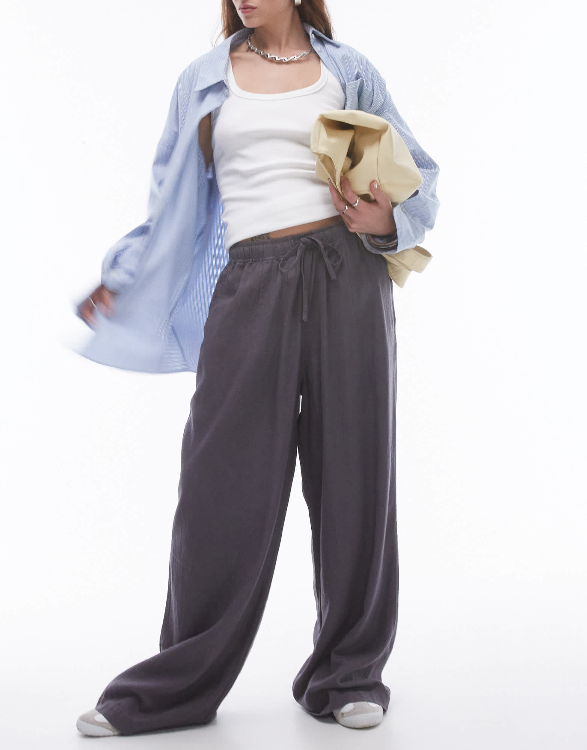 Topshop linen blend balloon trouser in charcoal