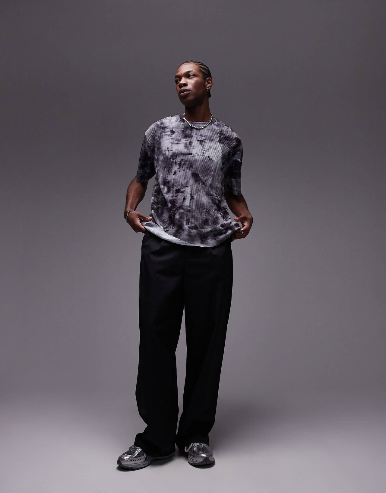 Topman relaxed fit printed plisse t-shirt in grey