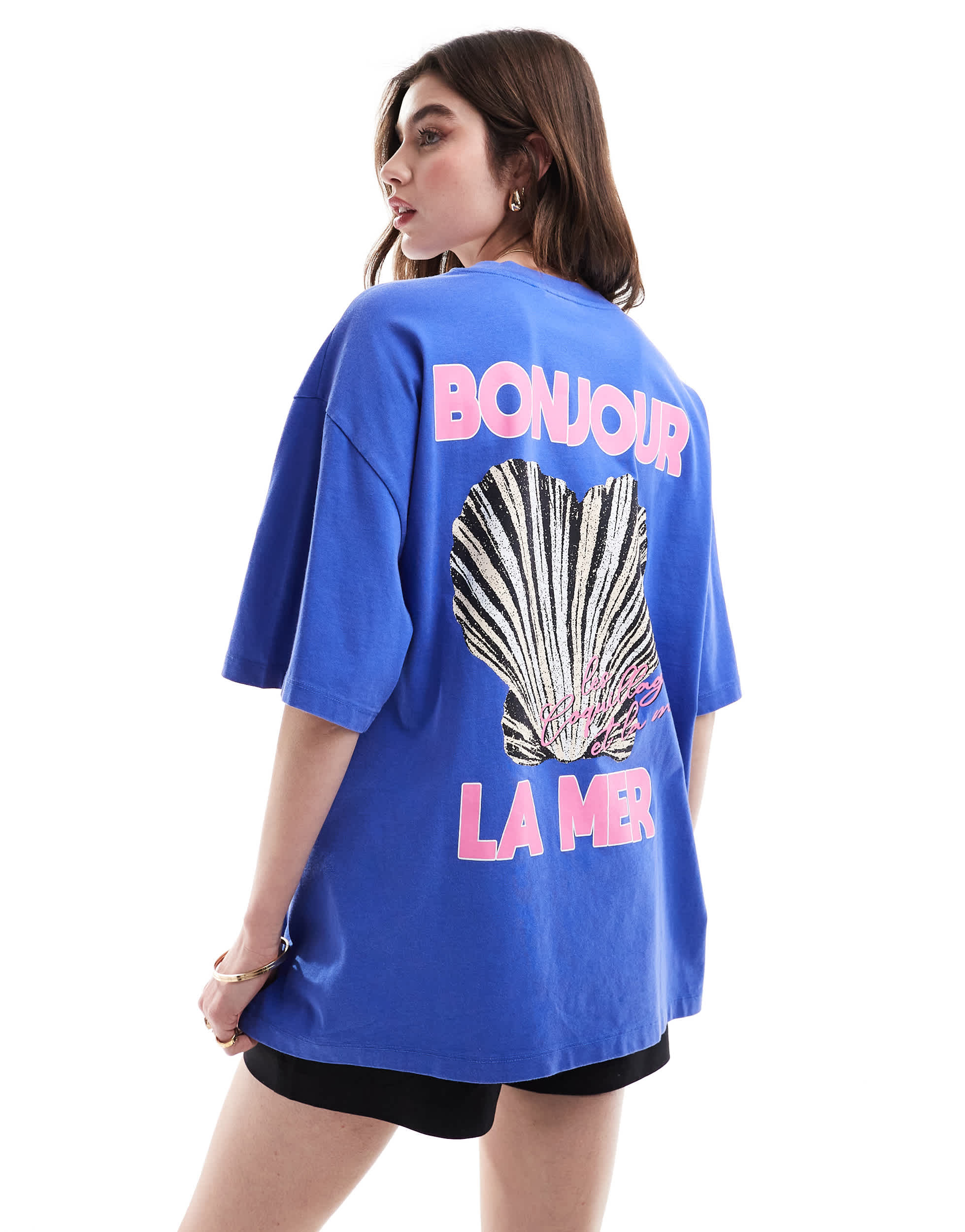 ASOS DESIGN boyfriend fit t-shirt with bonjour la mer shell graphic in blue