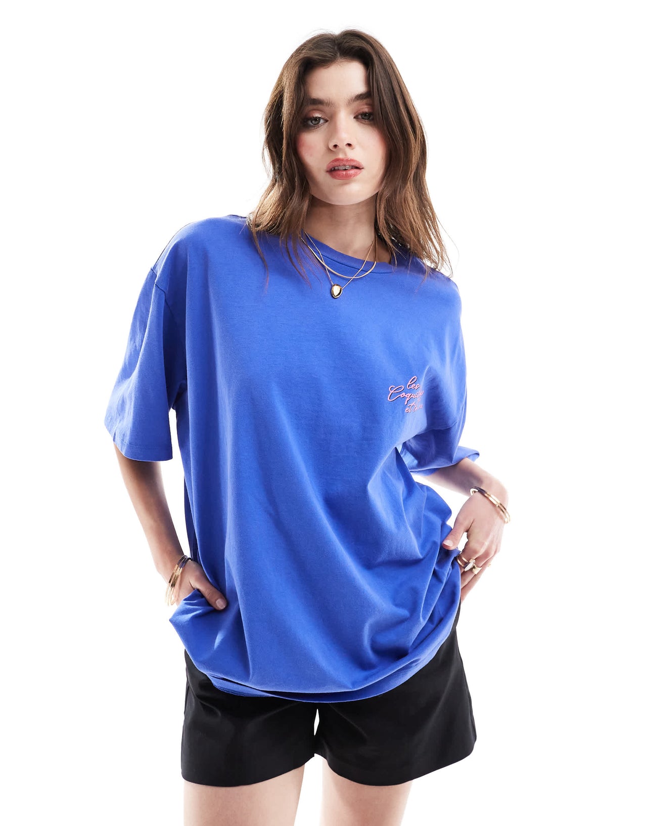 ASOS DESIGN boyfriend fit t-shirt with bonjour la mer shell graphic in blue