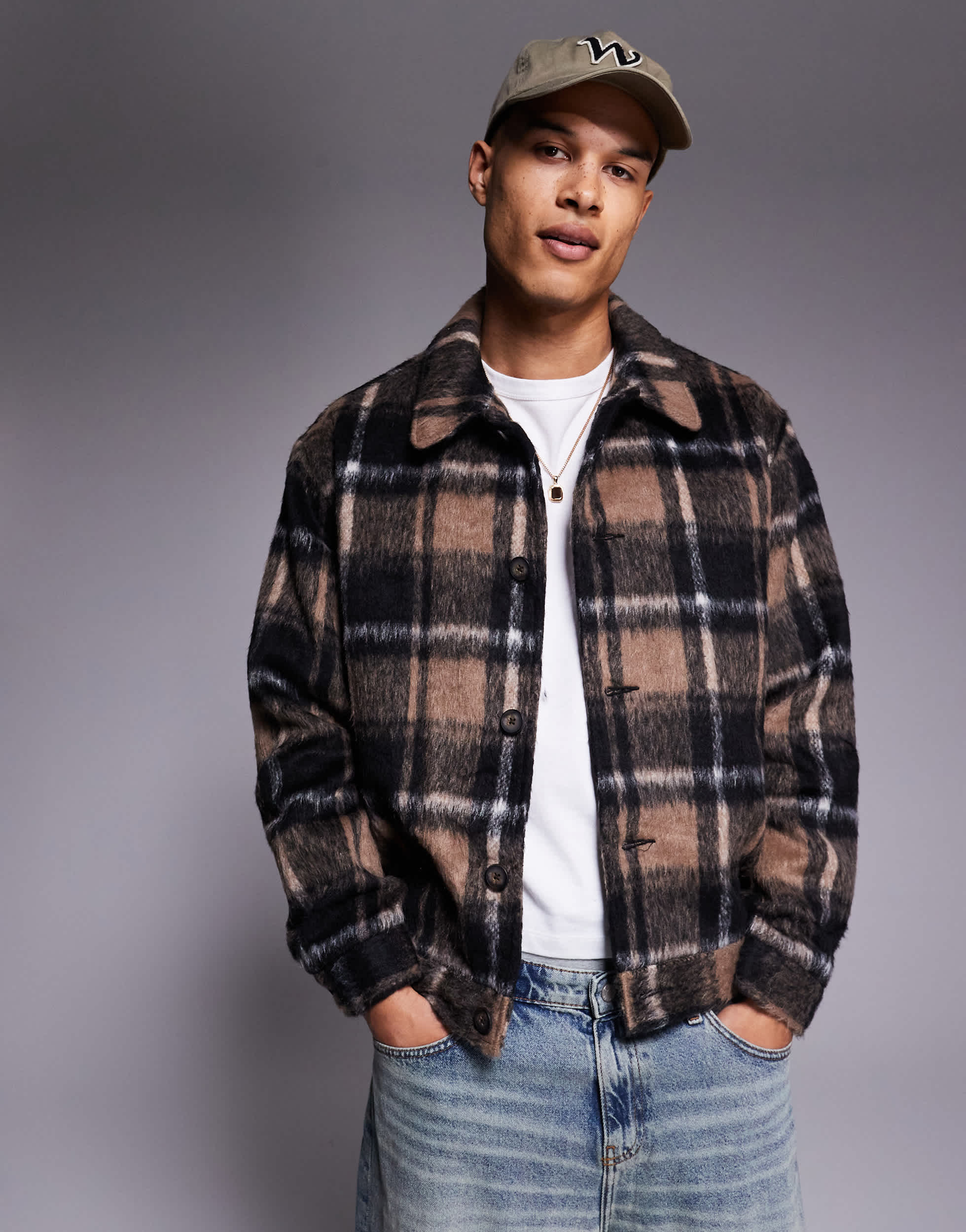 ASOS DESIGN wool look harrington jacket in black check - BLACK