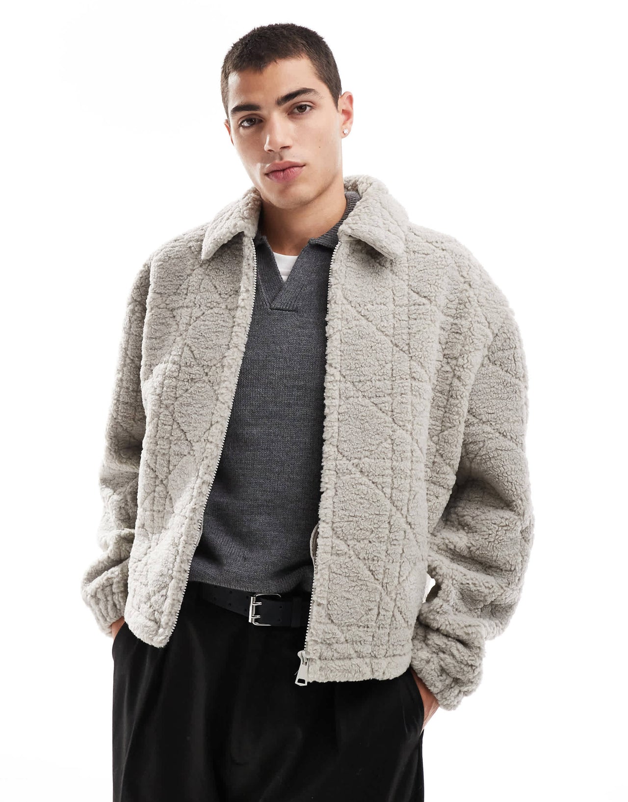 ASOS DESIGN oversized quilted borg lined harrington jacket in grey