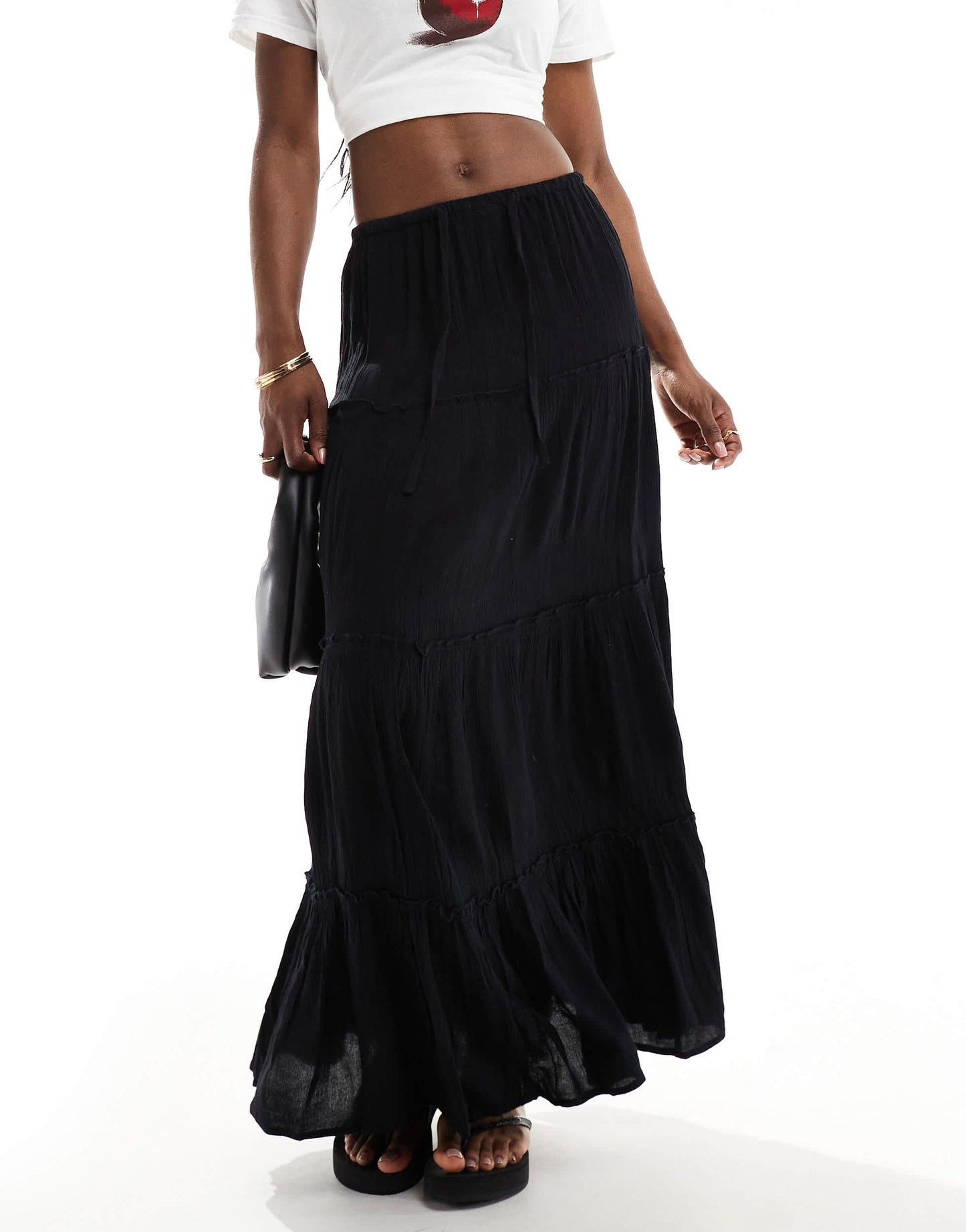 Pull&Bear tiered maxi skirt in black