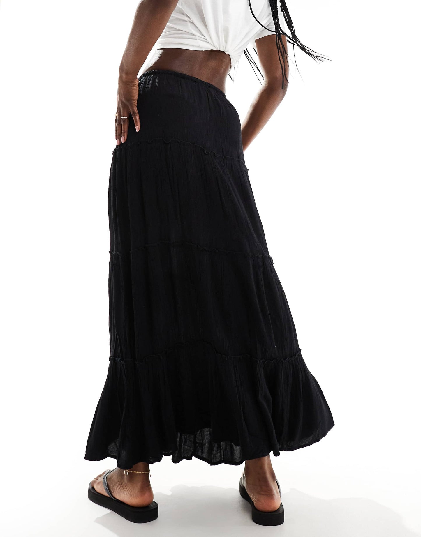 Pull&Bear tiered maxi skirt in black