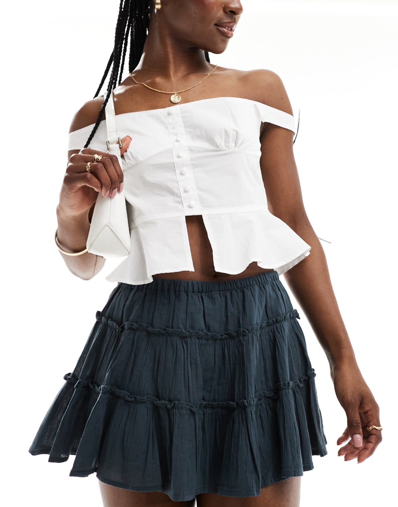 Pull&Bear tiered mini rara skirt in charcoal grey
