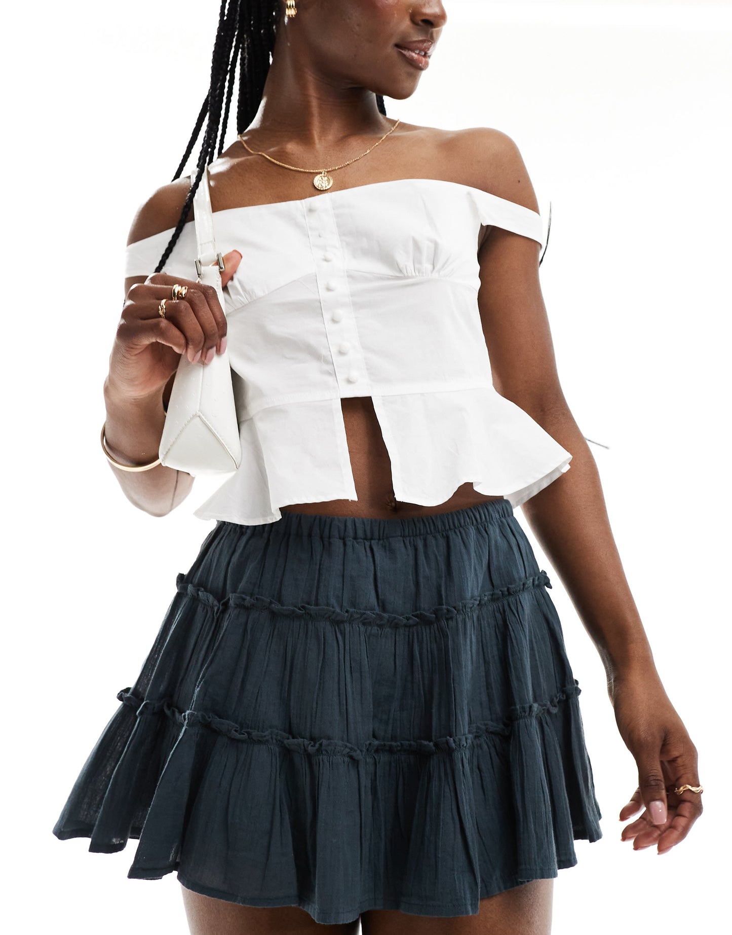 Pull&Bear tiered mini rara skirt in charcoal grey