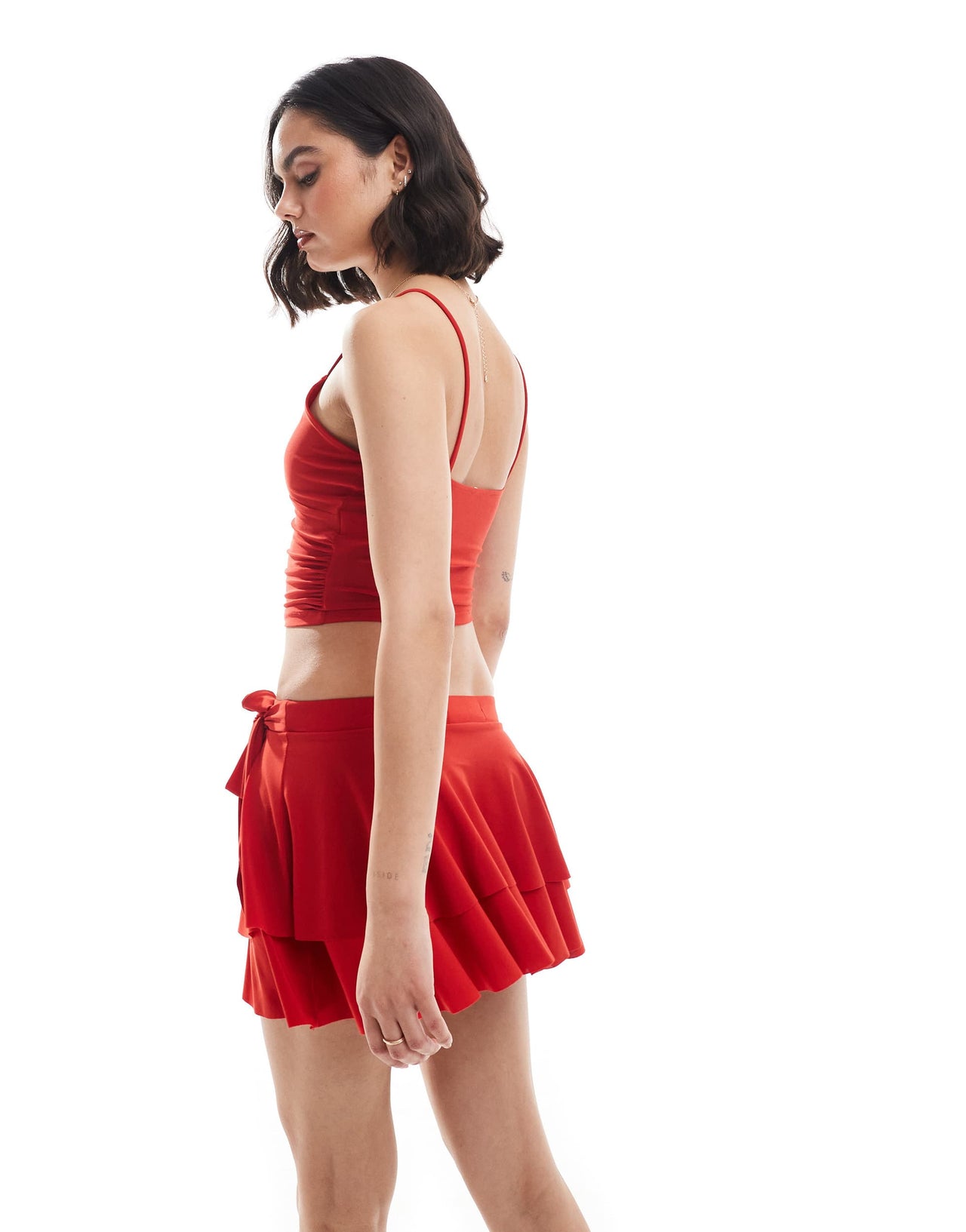 Pull&Bear polyamide frill wrap mini skirt co-ord in red