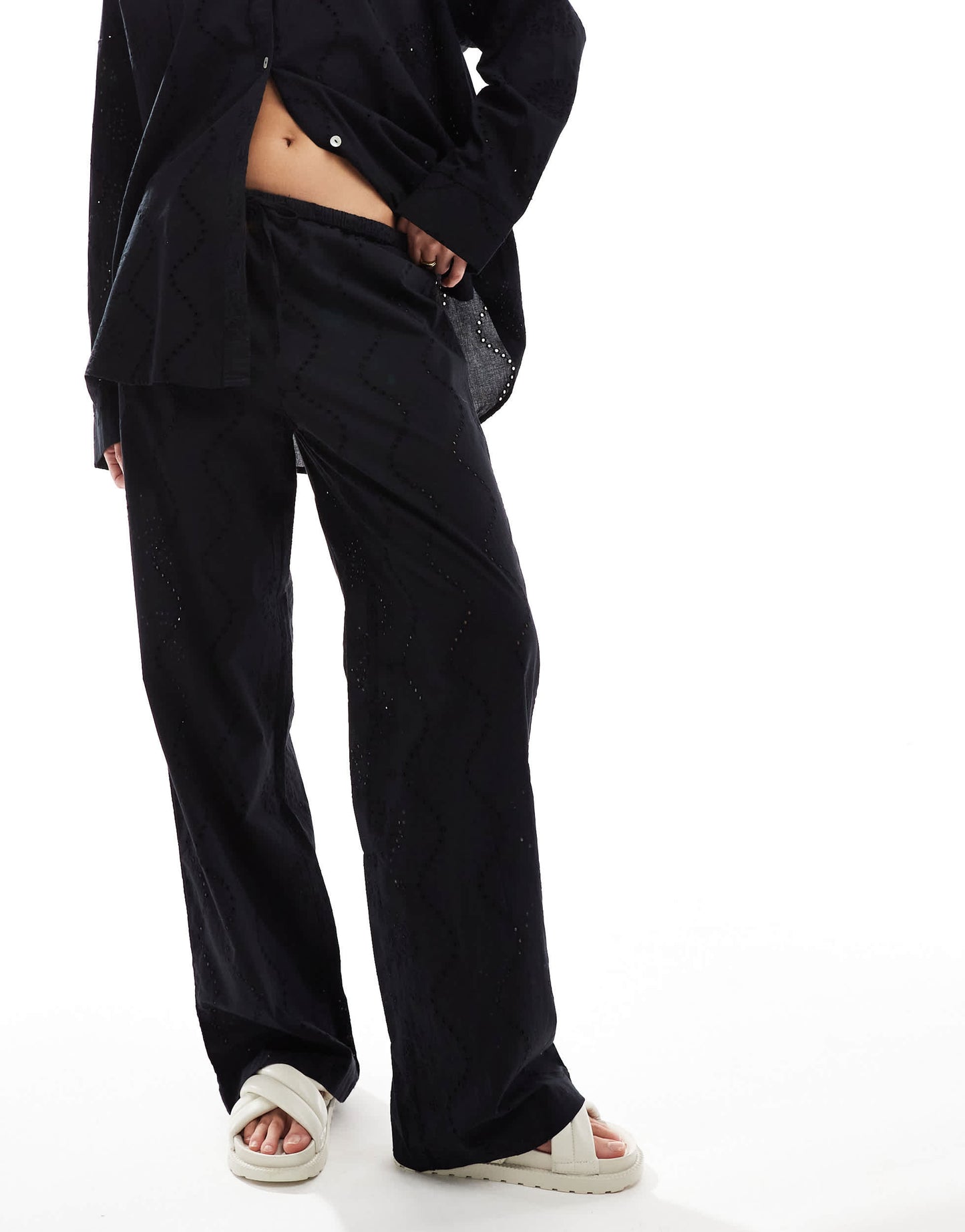 Pull&Bear broderie drawstring waist trouser co-ord in black
