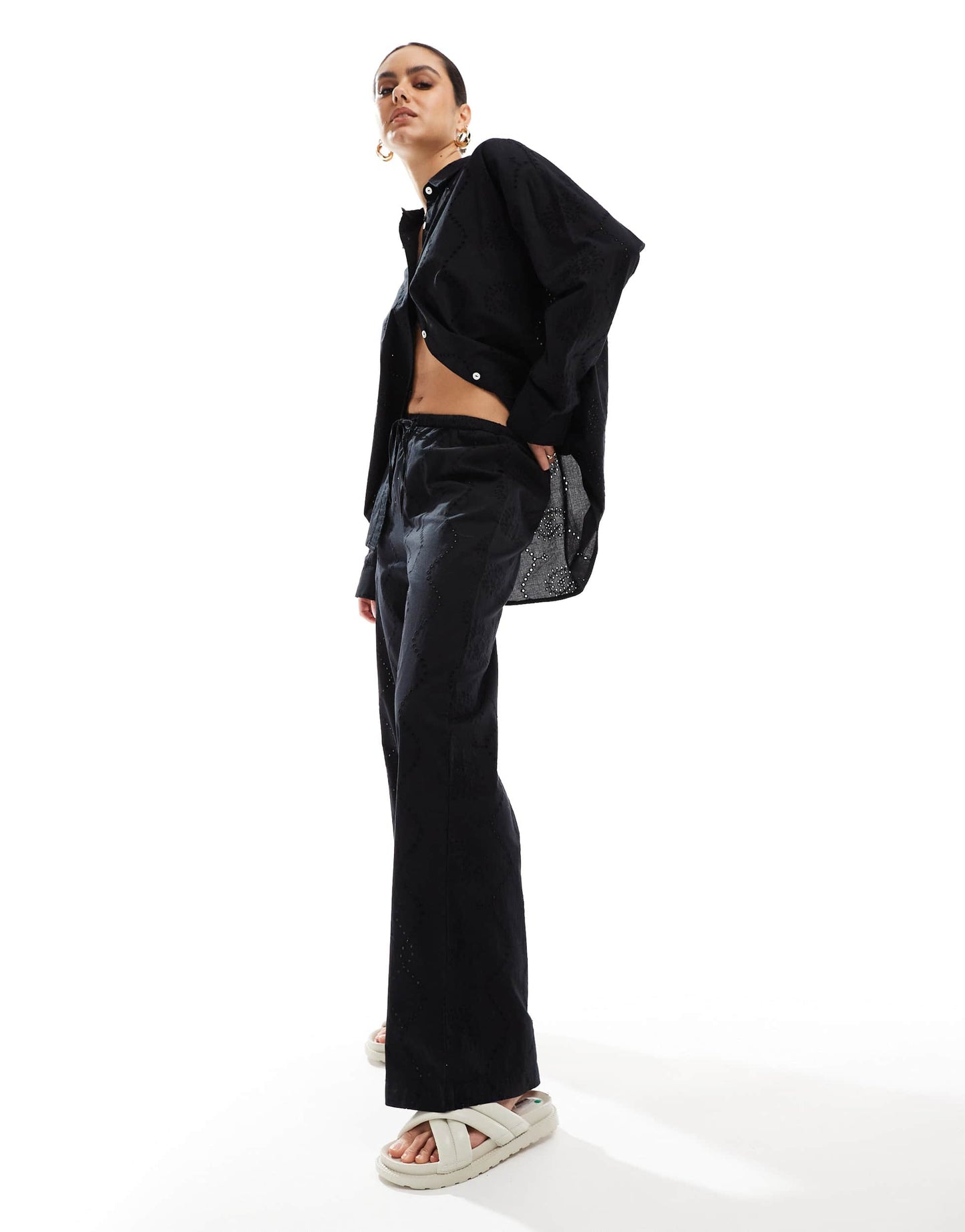 Pull&Bear broderie drawstring waist trouser co-ord in black