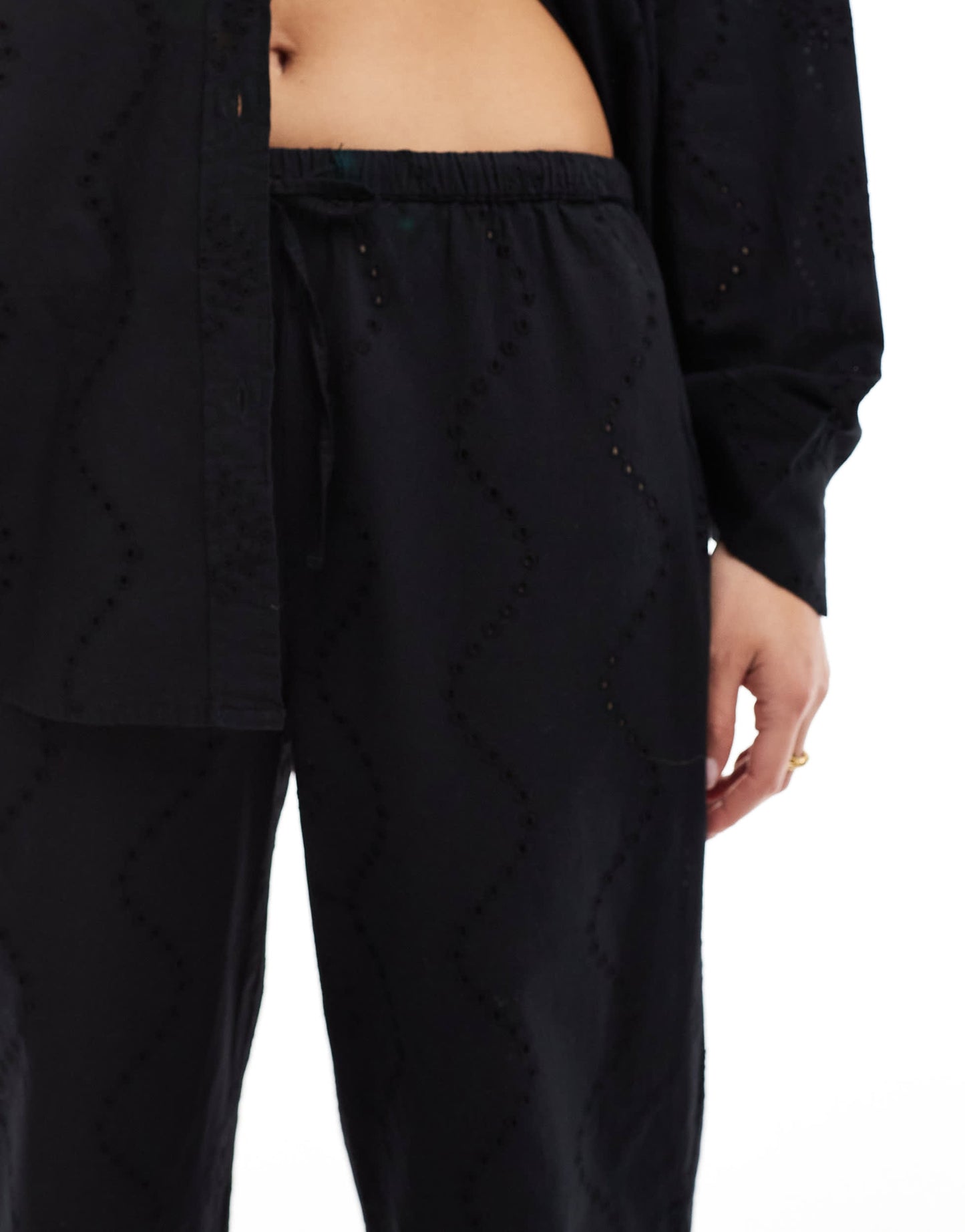 Pull&Bear broderie drawstring waist trouser co-ord in black