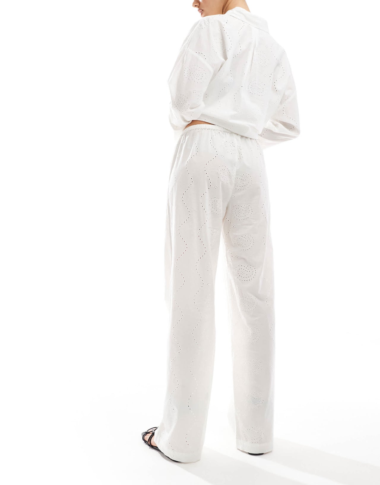 Pull&Bear broderie drawstring waist trouser co-ord in white