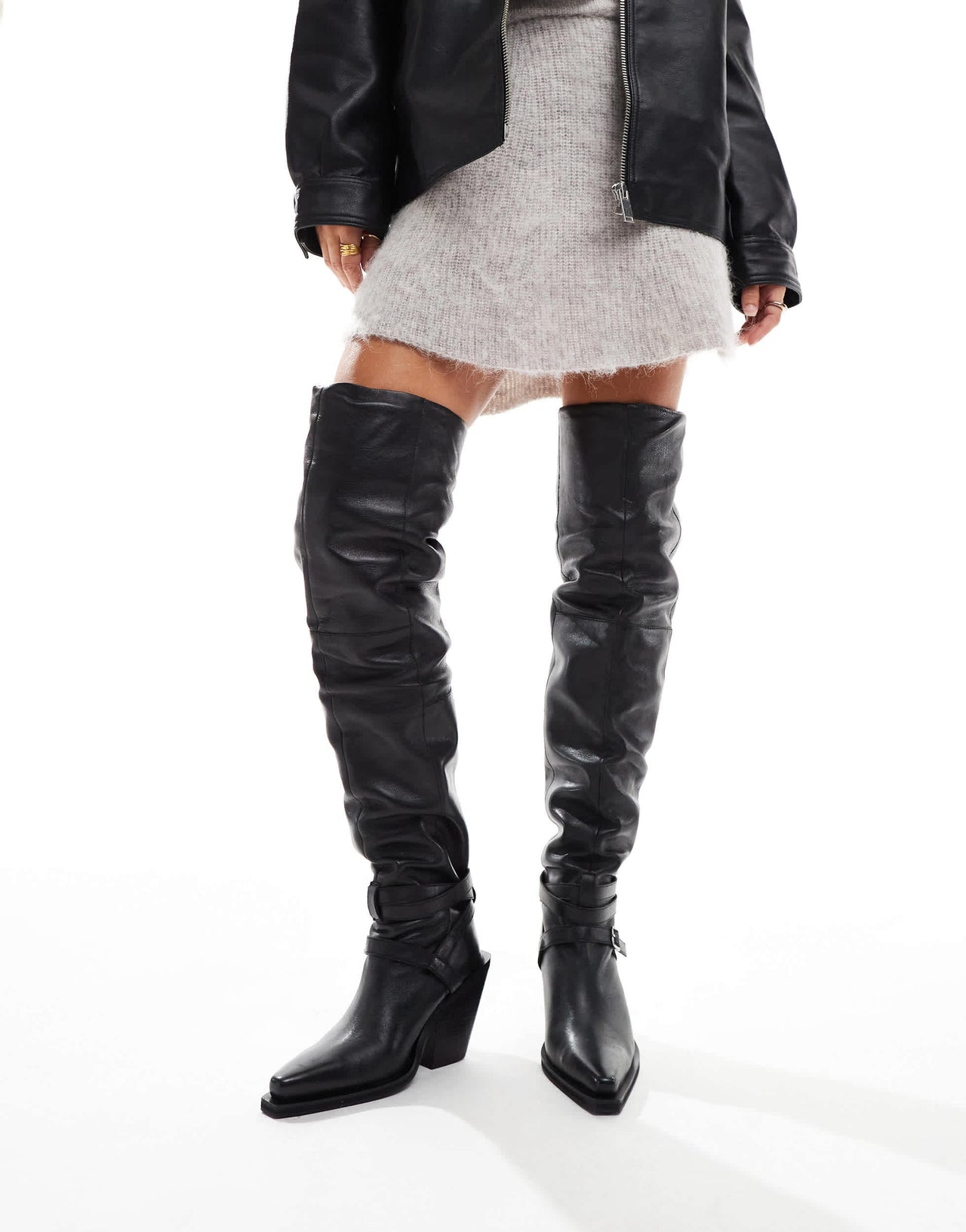 ASOS DESIGN Kingfisher leather ruched over the knee boots with buckles in black