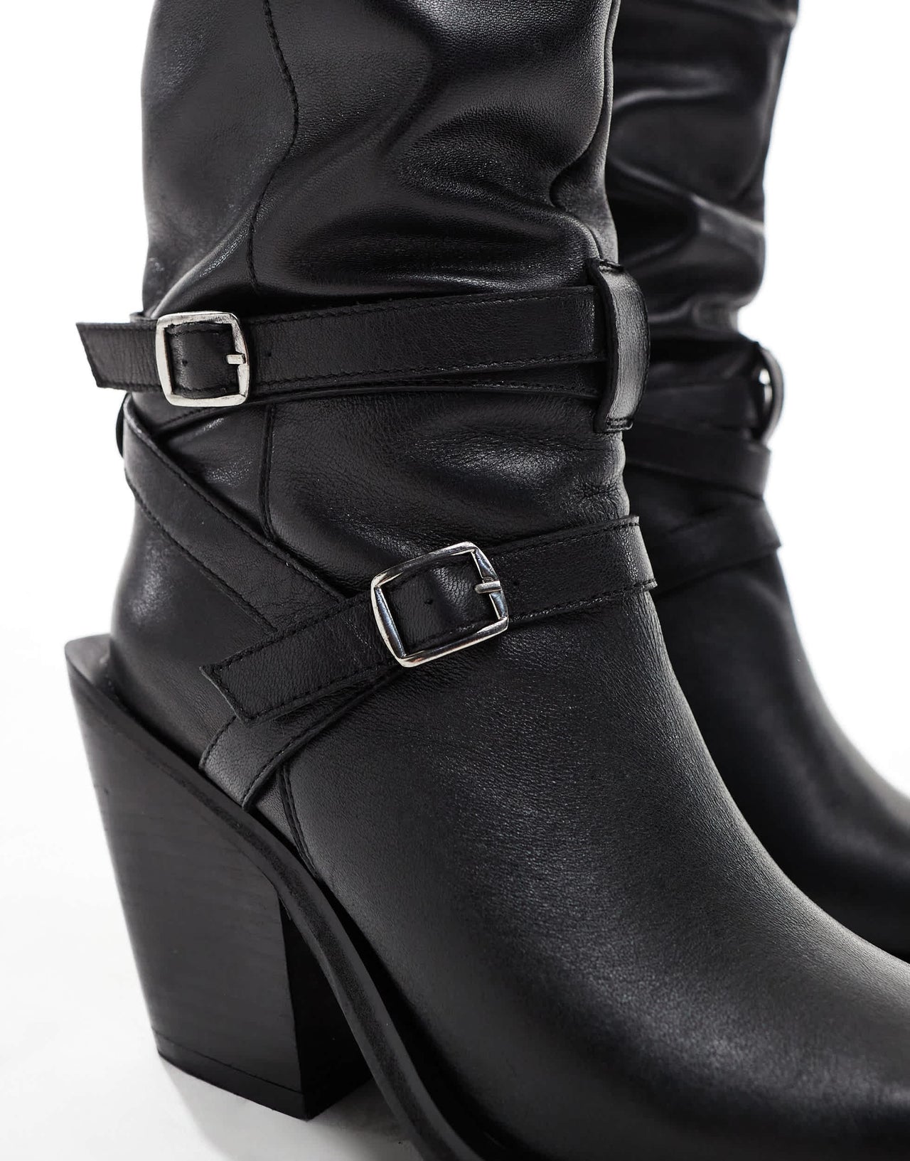 ASOS DESIGN Kingfisher leather ruched over the knee boots with buckles in black