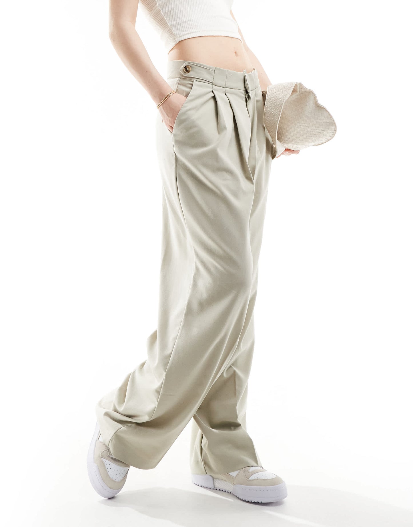 Pull&Bear wide leg double pleat tailored trouser in stone