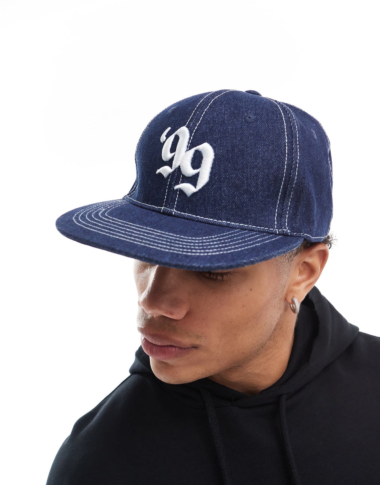ASOS DESIGN y2k fitted cap in denim with embroidery and topstitch detail