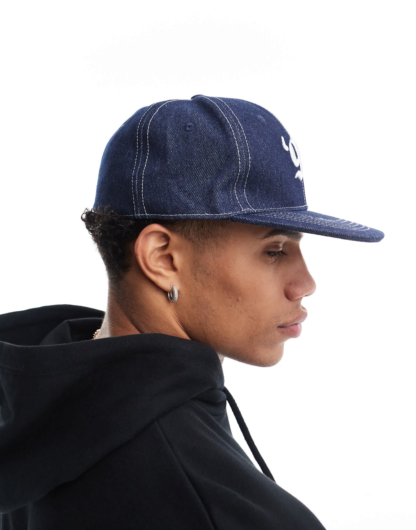 ASOS DESIGN y2k fitted cap in denim with embroidery and topstitch detail