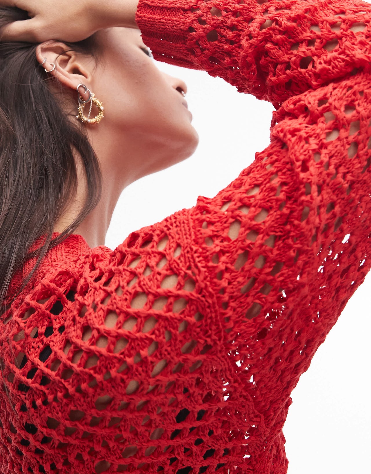 Topshop knitted mix stitch cardigan in bright red