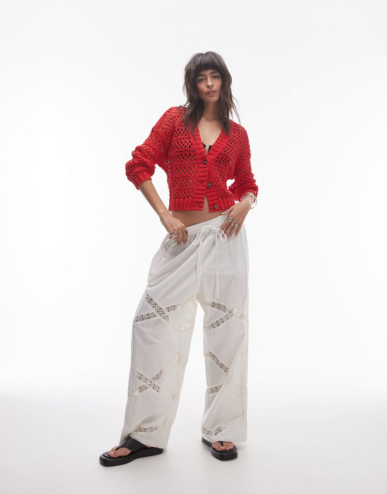 Topshop knitted mix stitch cardigan in bright red