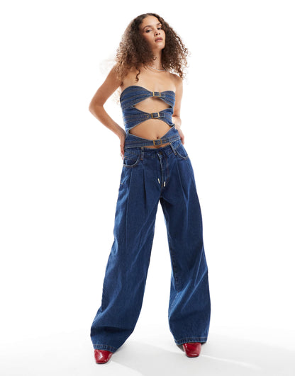 Lioness low rise tie detail baggy pleat front jeans co-ord in dark blue wash