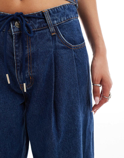 Lioness low rise tie detail baggy pleat front jeans co-ord in dark blue wash