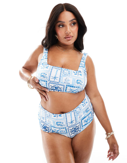 ASOS DESIGN Curve Soleil high waist bikini brief in blue