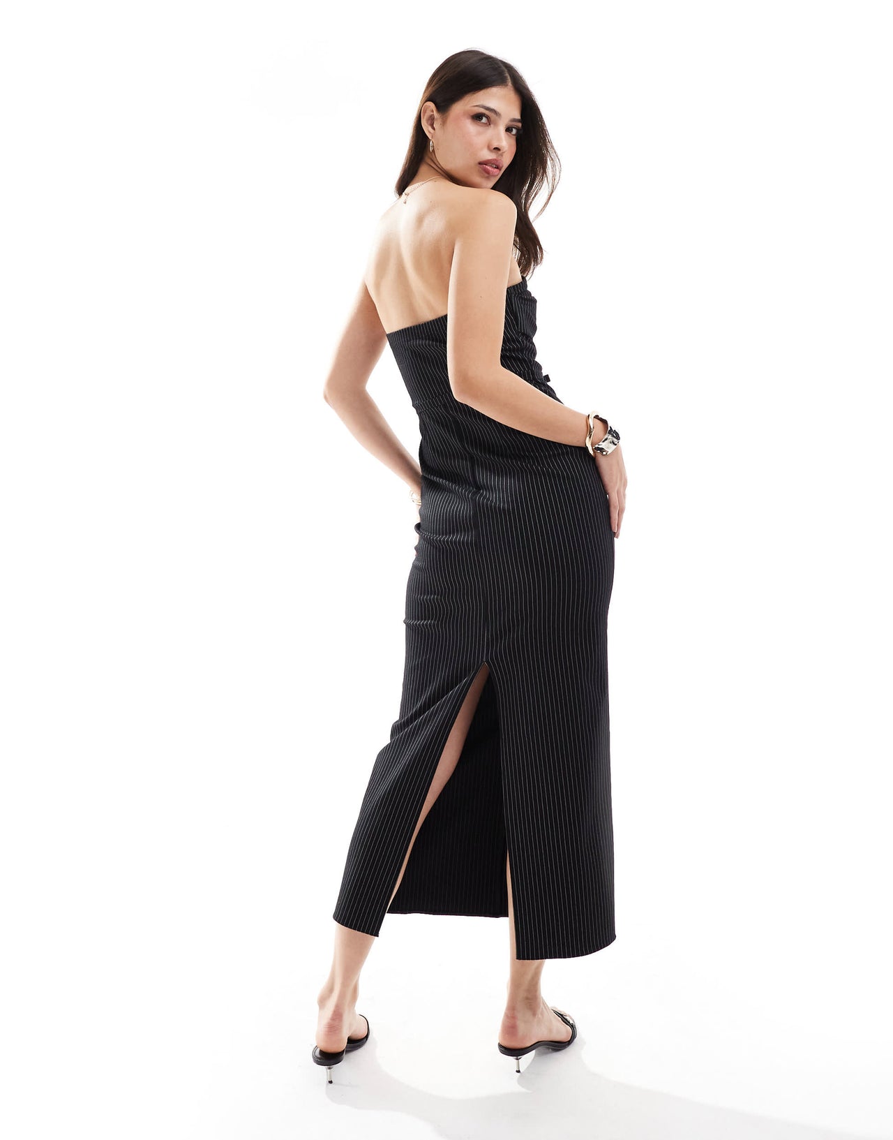 ASOS DESIGN bengaline bandeau midi dress with bow waist detail in pin stripe