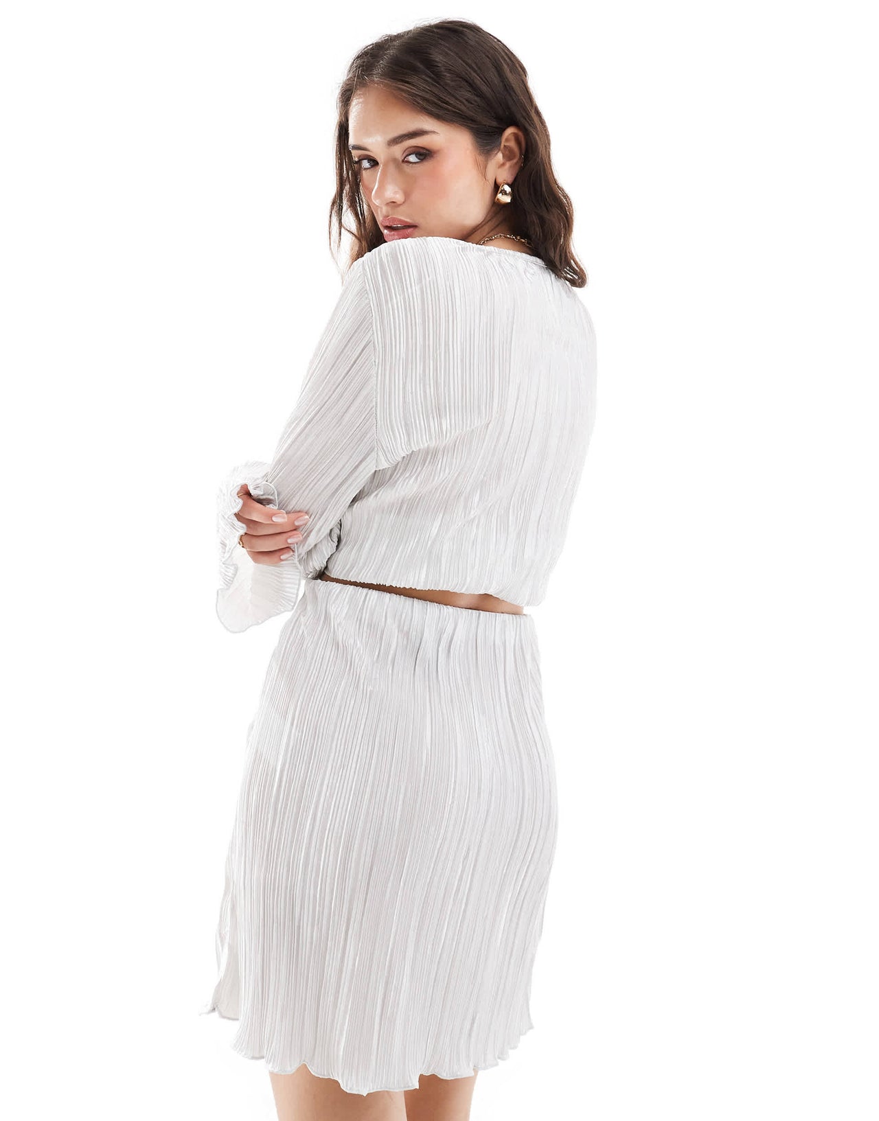Pieces plisse mini skirt co-ord in silver