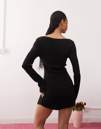 COLLUSION knitted slash neck mini dress in black
