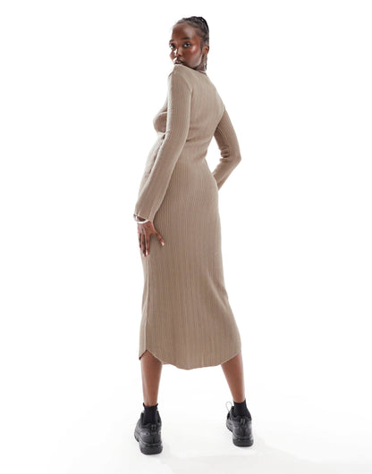 COLLUSION slash neck maxi dress in taupe