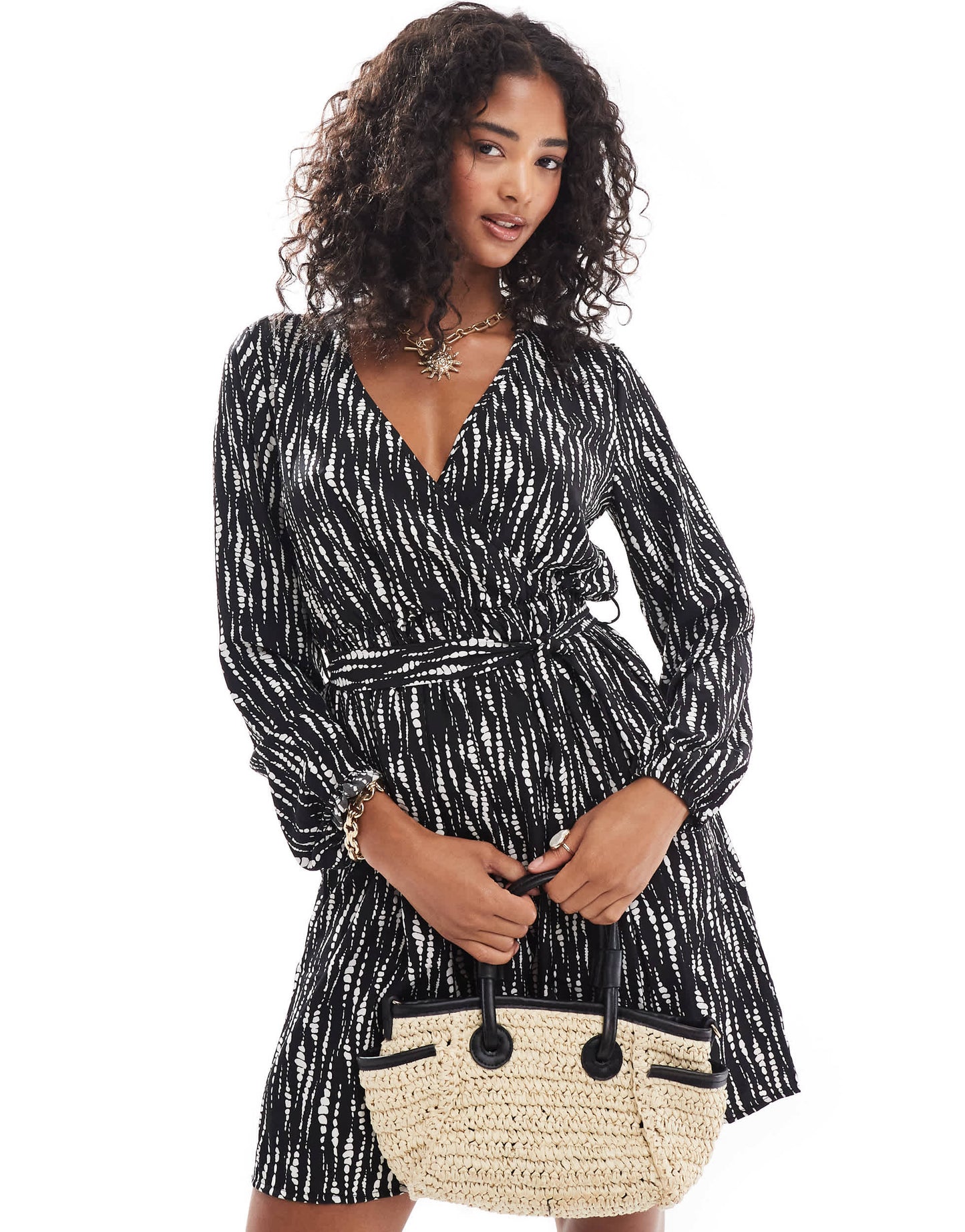 Vila wrap mini dress with tie waist in black animal print