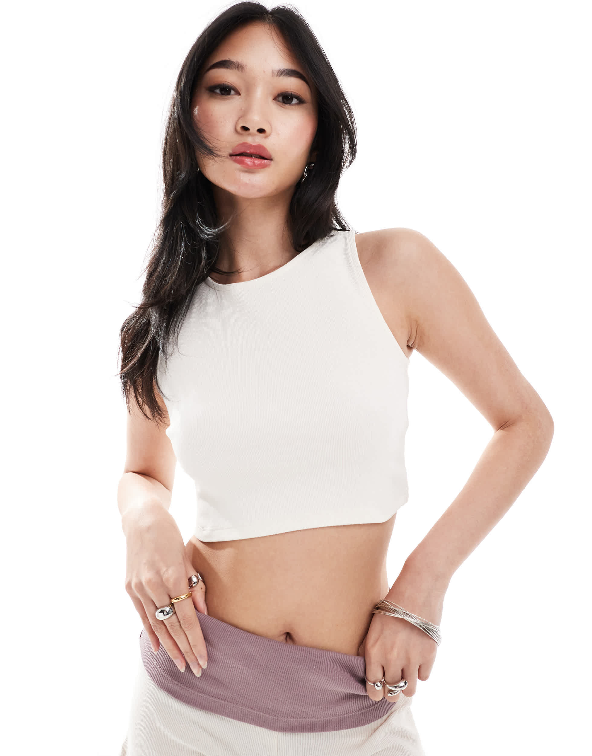 Denim Project racerback ribbed sleeveless crop top in off white