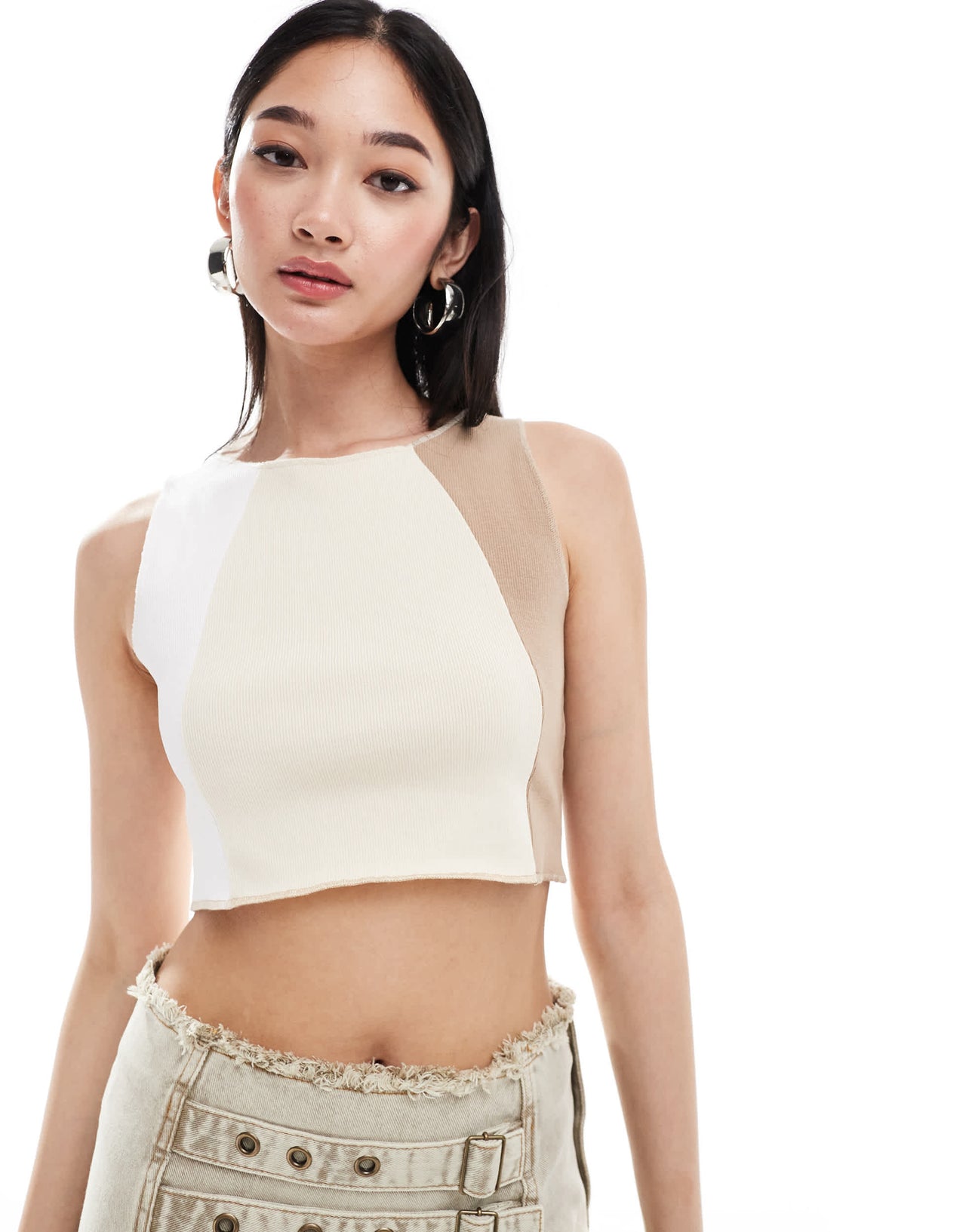 Denim Project seam detail crop tank top in beige and white