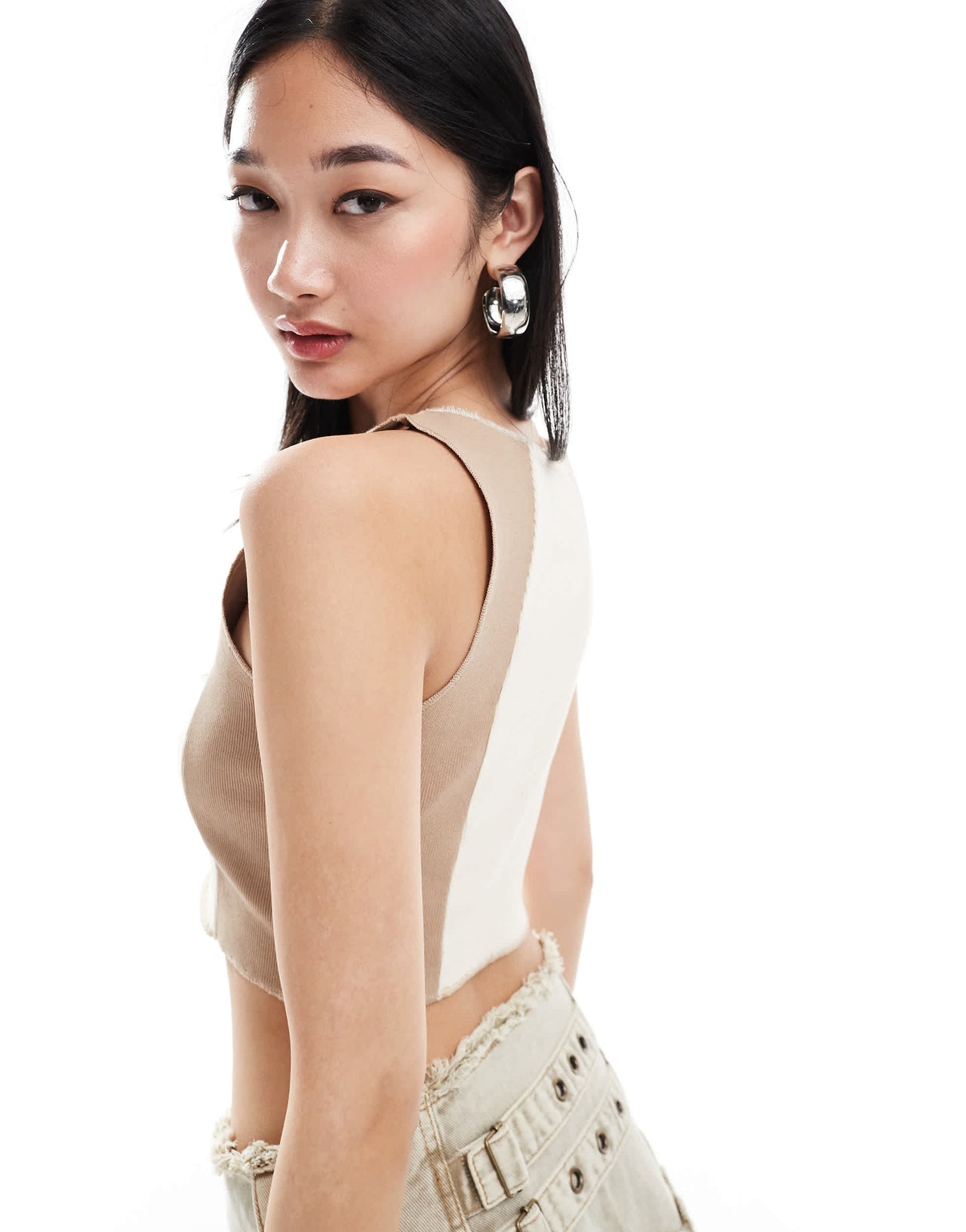 Denim Project seam detail crop tank top in beige and white