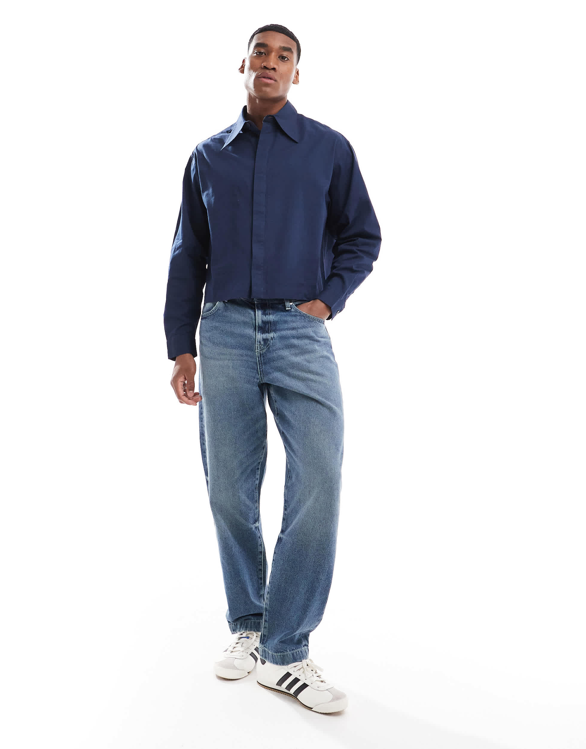 ASOS DESIGN boxy cropped 70s collar poplin shirt in navy
