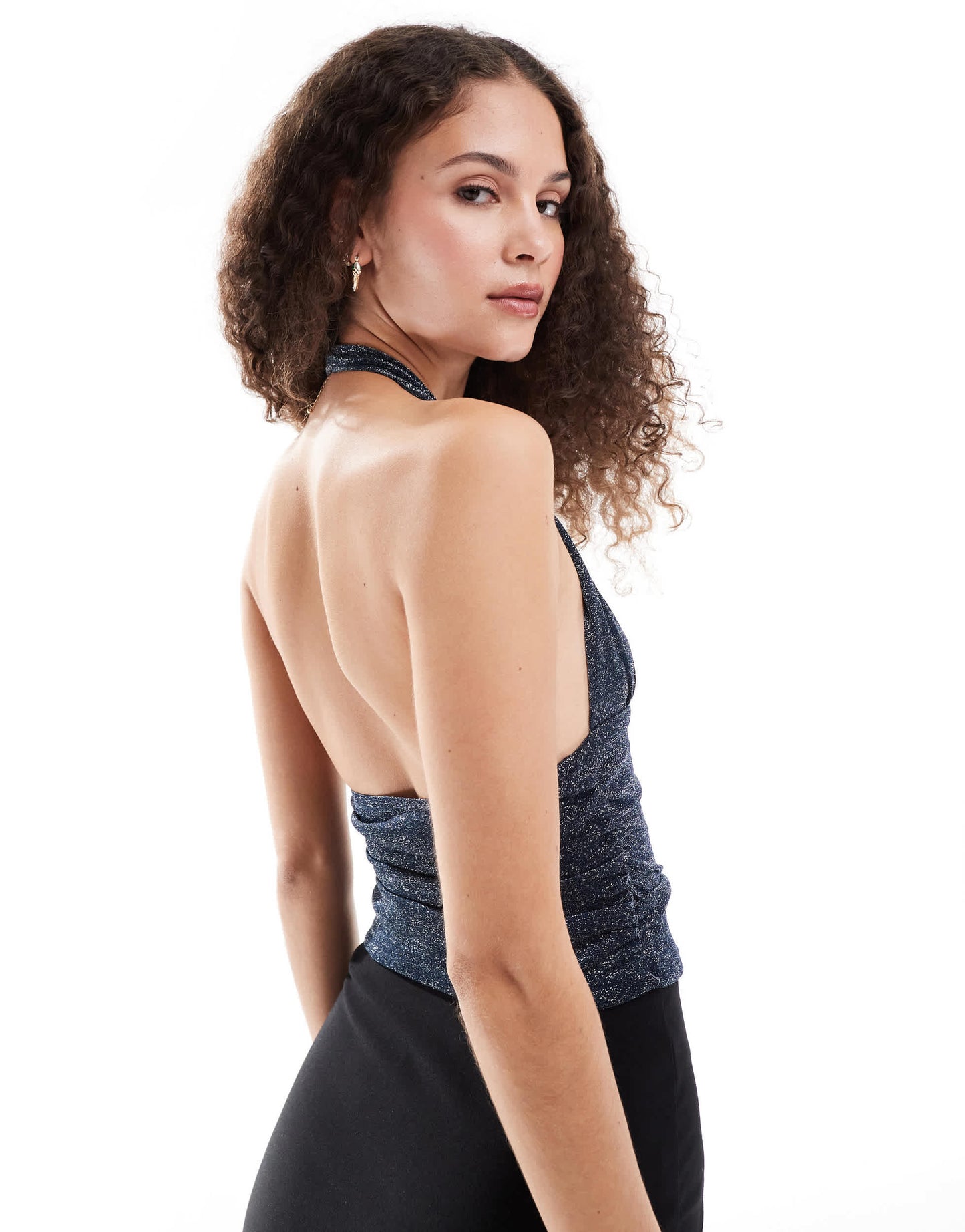 Motel cosimo deep v halter top in midnight shimmer