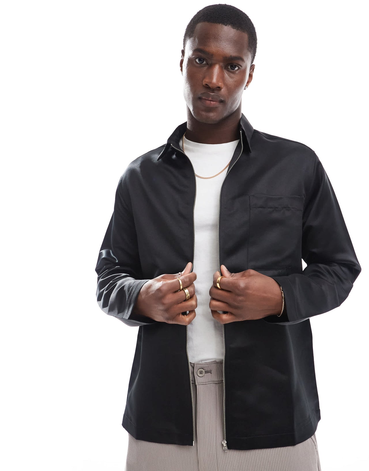 ASOS DESIGN relaxed shirt with zip in black satin