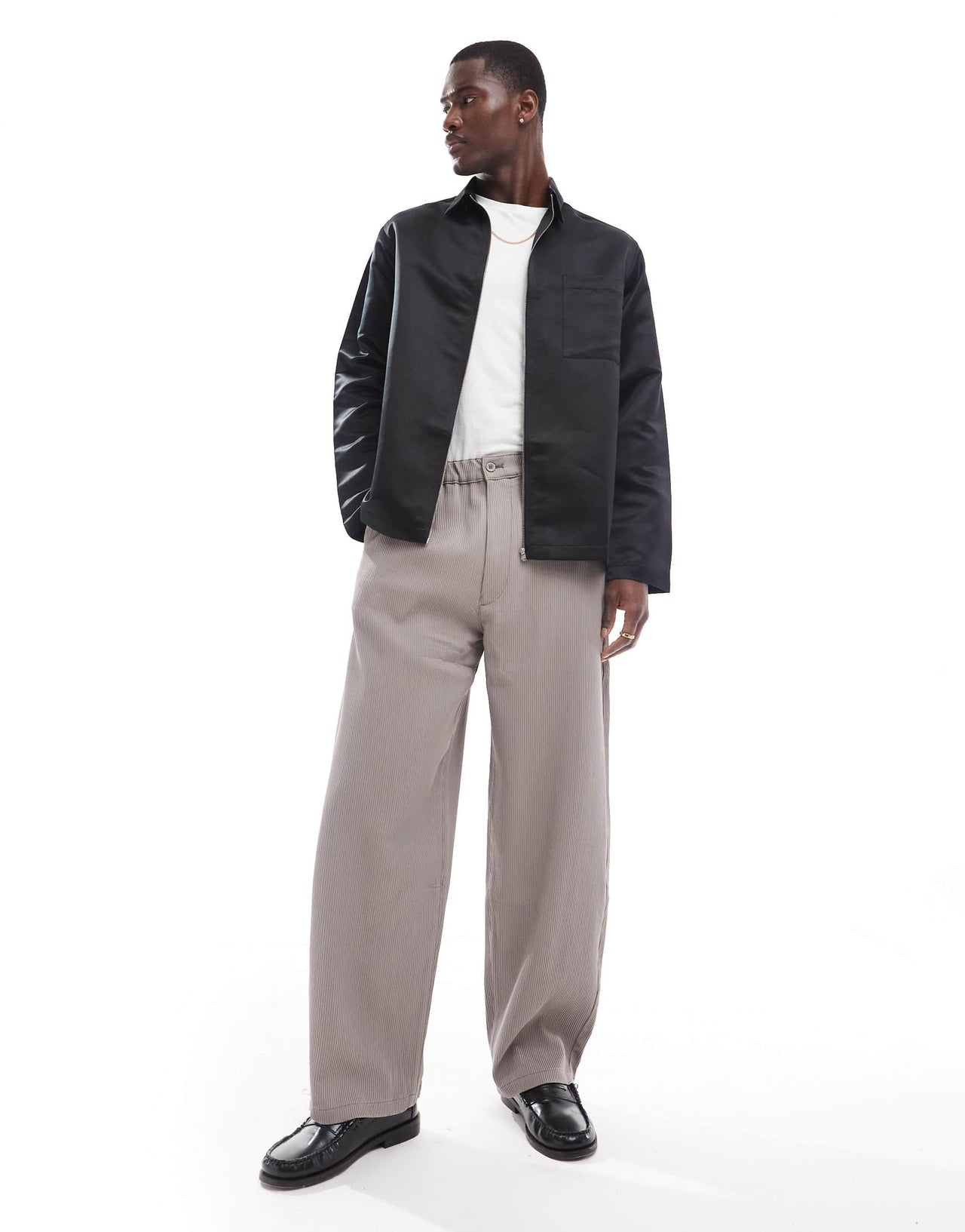 ASOS DESIGN relaxed shirt with zip in black satin