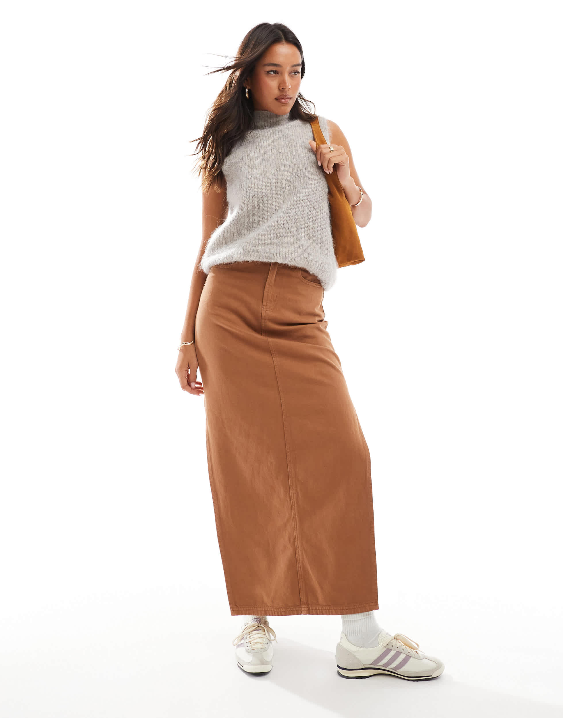 DTT denim maxi skirt with side split in tan