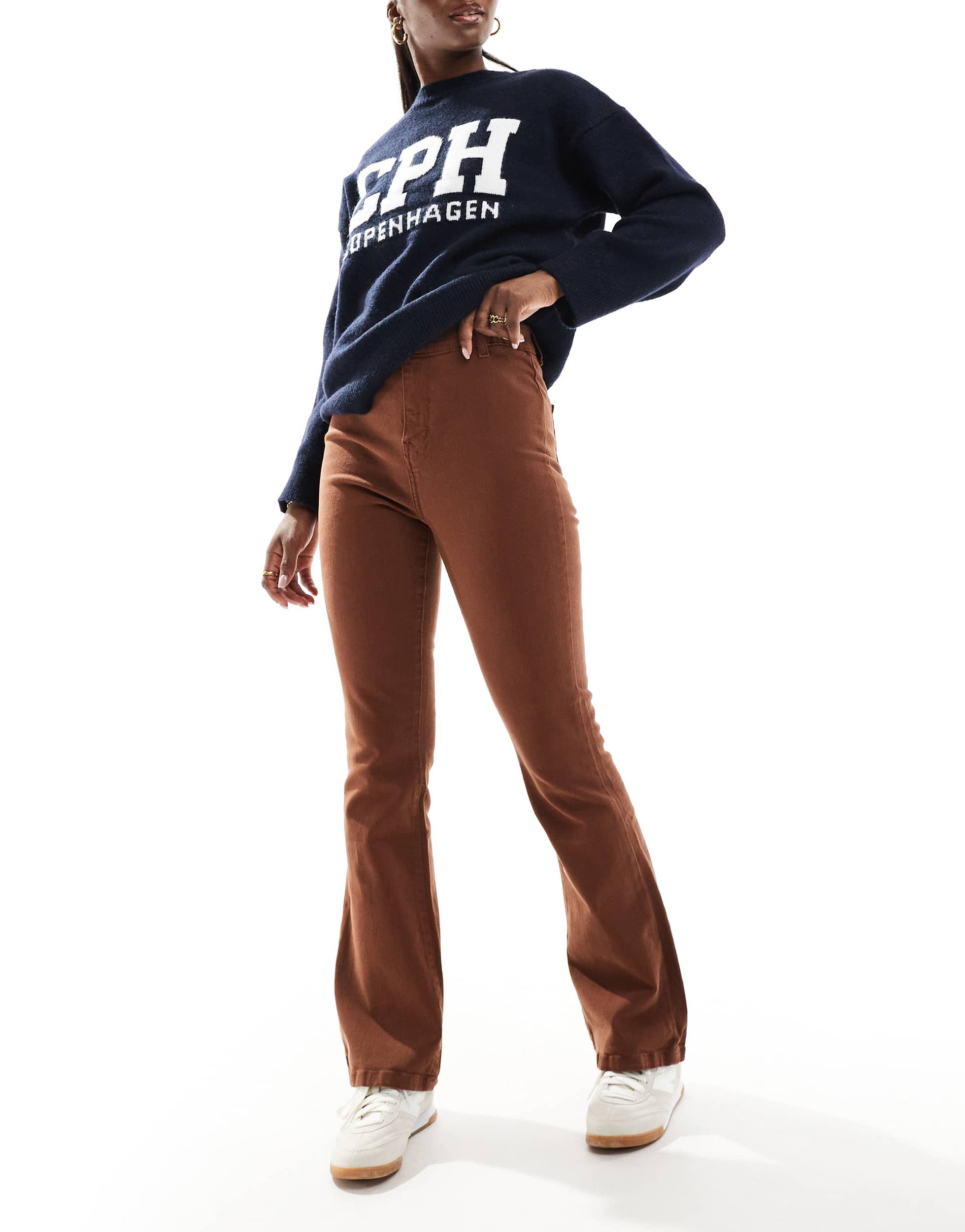 DTT Bianca high waist flared jeans in chocolate brown