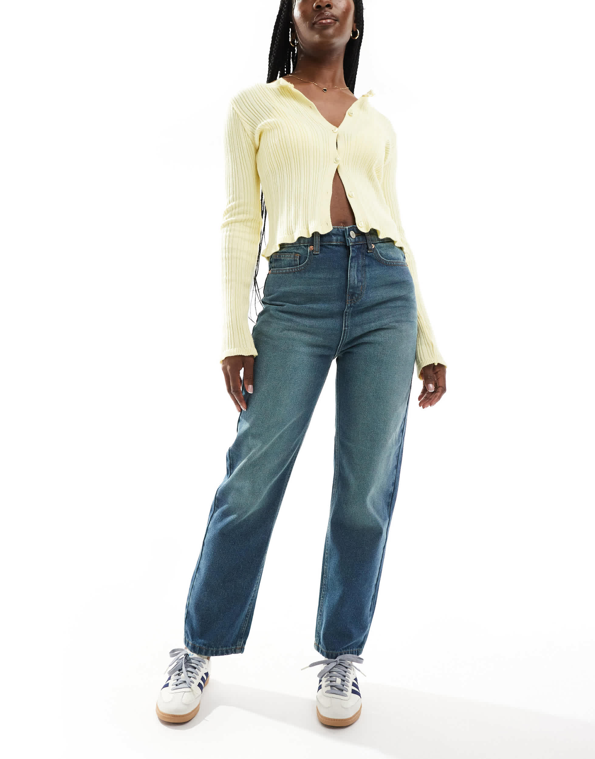 DTT Katy high waist cropped straight jeans in blue tinted wash