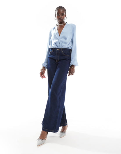 ASOS DESIGN shoulder pad plunge bodysuit in blue