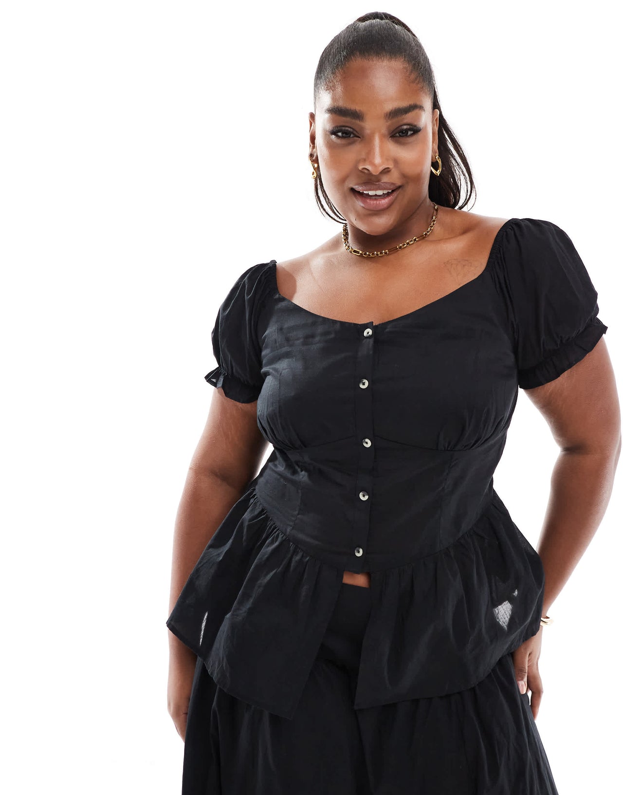 ASOS DESIGN Curve puff sleeve button down milkmaid top in black