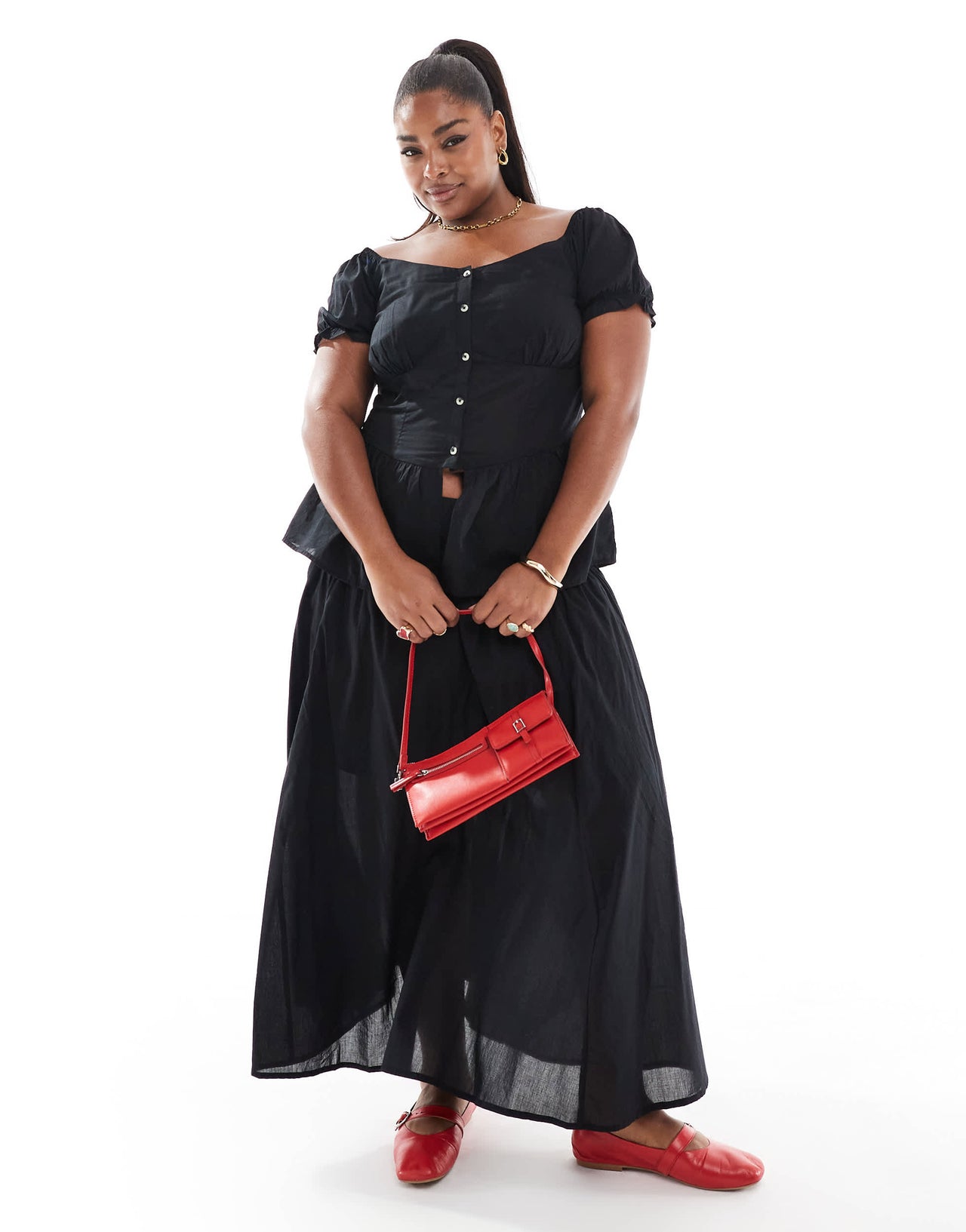 ASOS DESIGN Curve puff sleeve button down milkmaid top in black