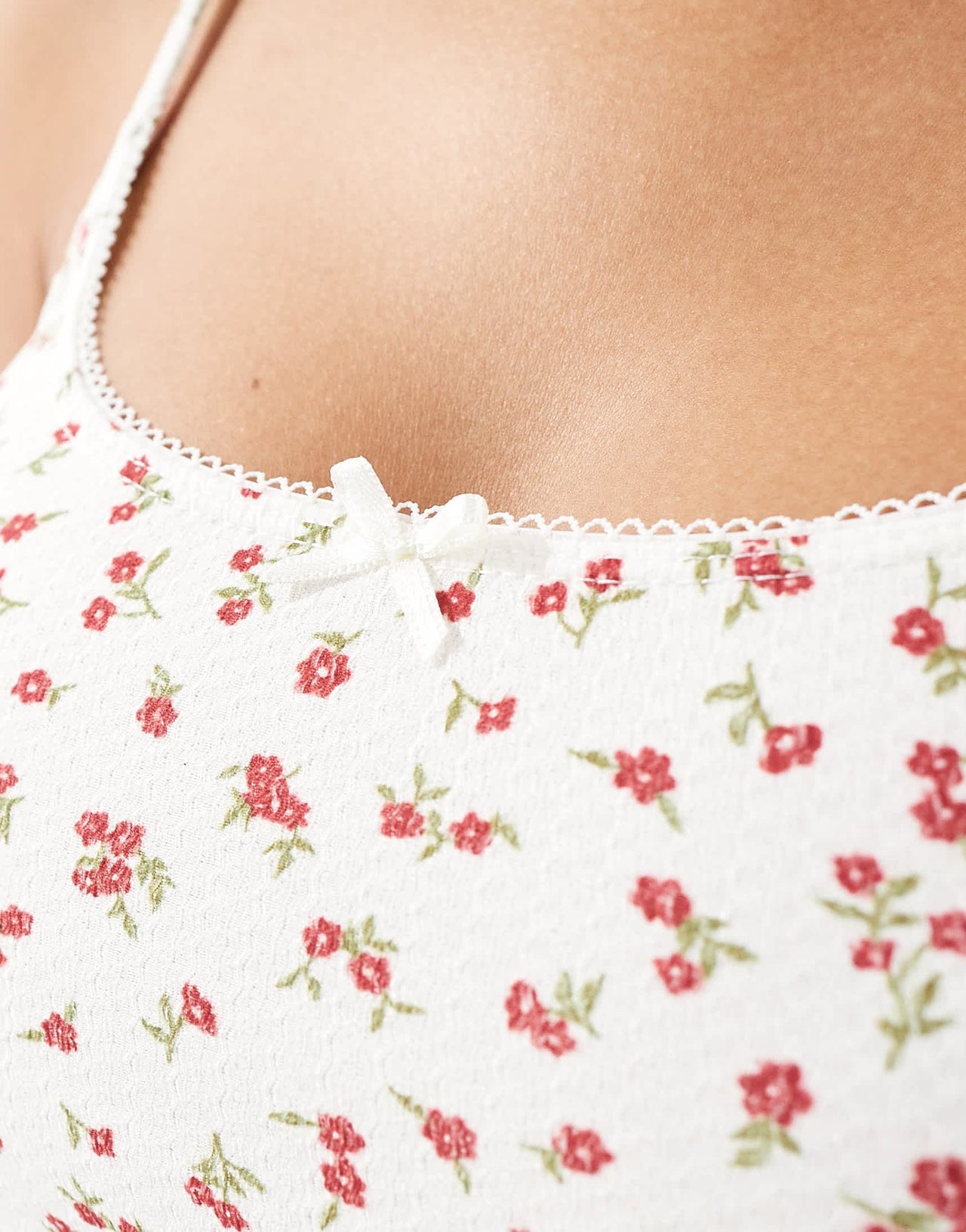 Pull&Bear bow front ribbed cami co-ord in red floral