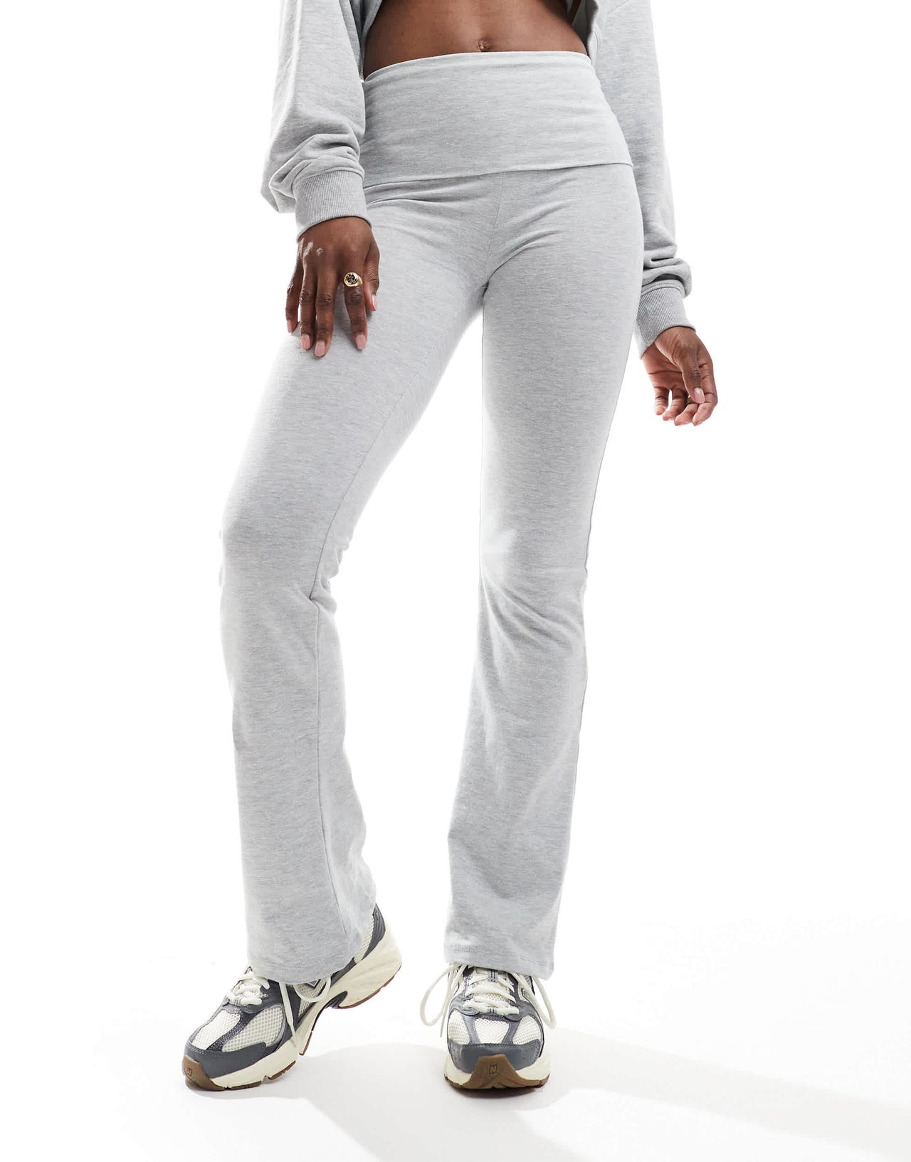 Pull&Bear fold over flared jersey trouser in light grey