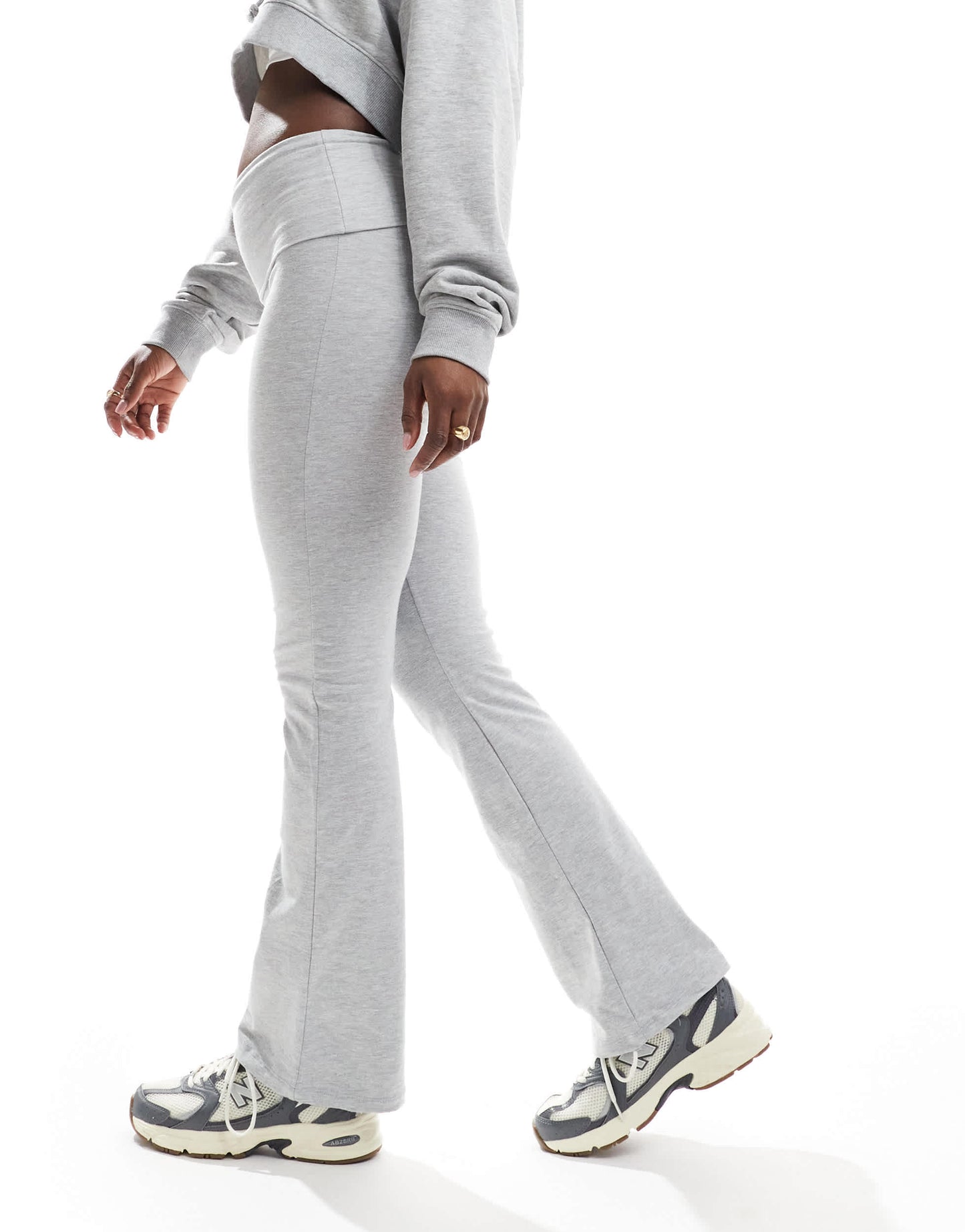 Pull&Bear fold over flared jersey trouser in light grey