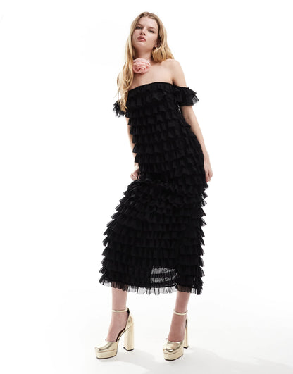 Ghospell off shoulder textured midaxi dress in black