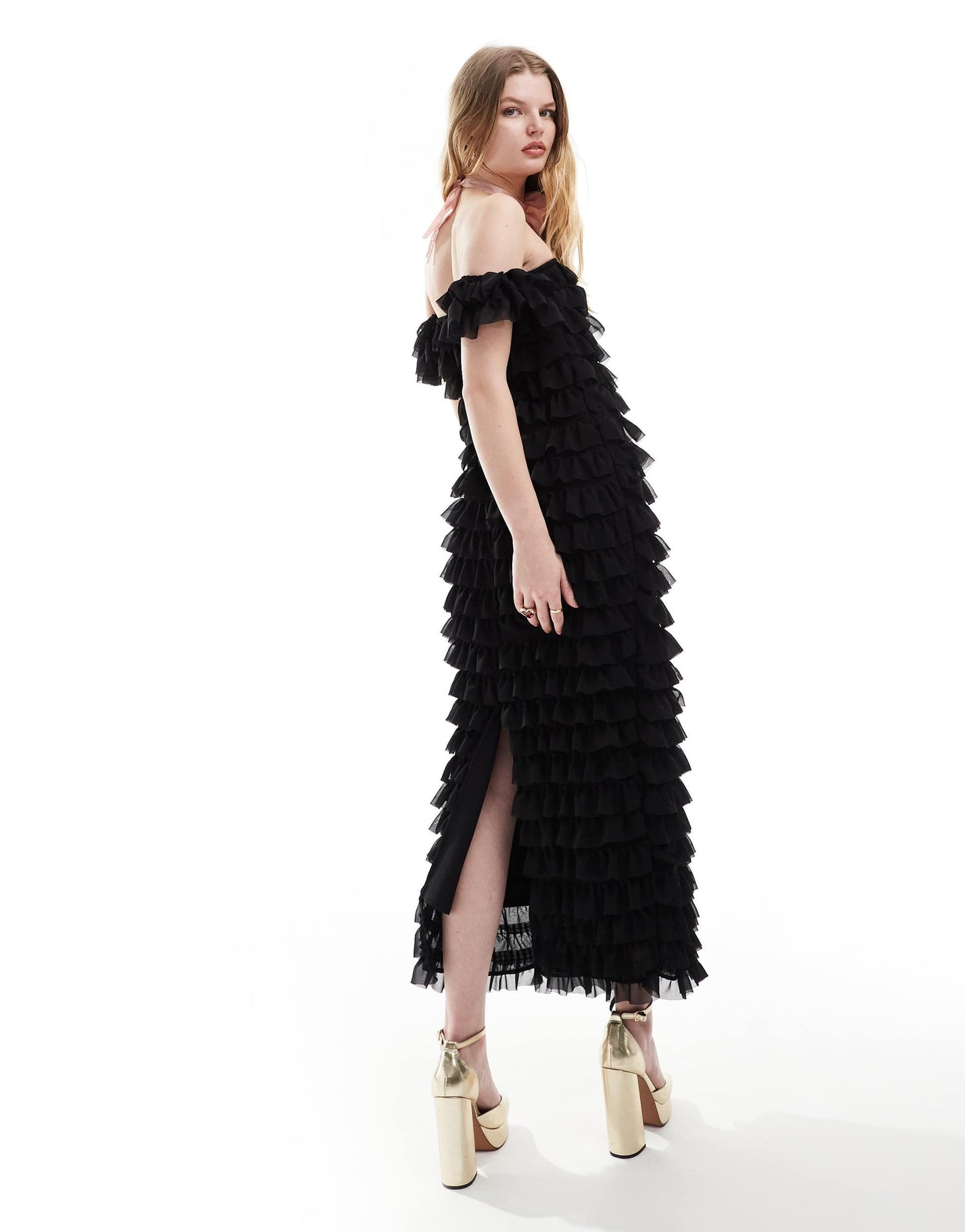Ghospell off shoulder textured midaxi dress in black