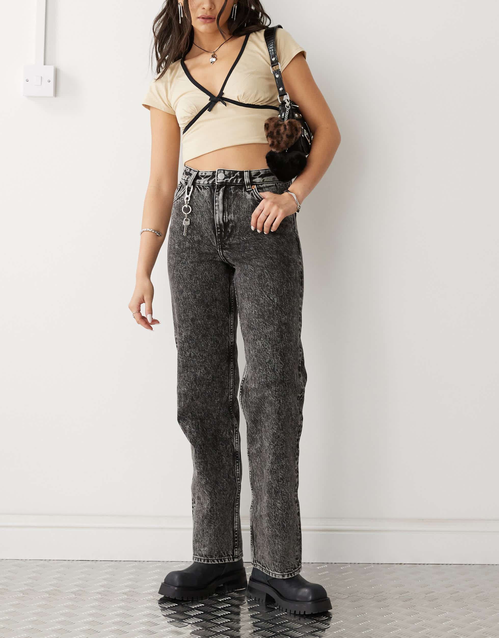Monki Aimo mid waist straight leg jeans in acid black